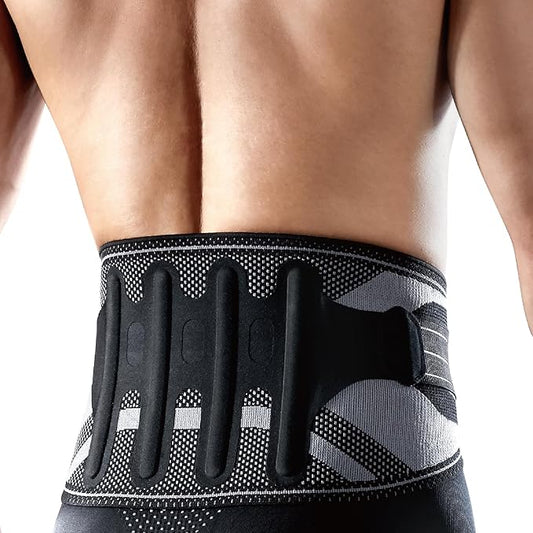 LP SUPPORT Lumbar Back Brace for Lower Back Support - 4 Semi-Rigid Stays with Bilateral Straps, Breathable Knit - For Weightlifting, Heavy Lifting - Men & Women (Small)