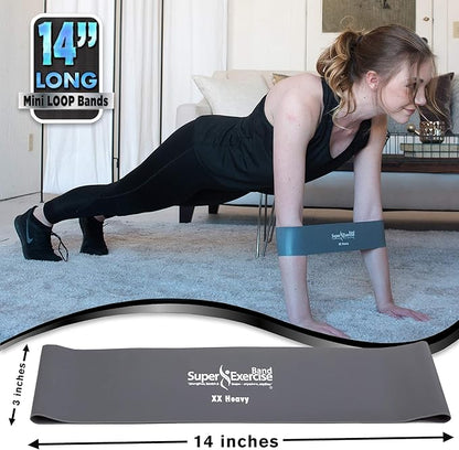 USA 14" x 3" Extra Long Latex Free Mini Loop Bands in 3, 5, 10 Pack Sets. 10 Strengths for Resistance Training, Stretching, Yoga, Toning. Plus an Exclusive iPhone App and E-Book.