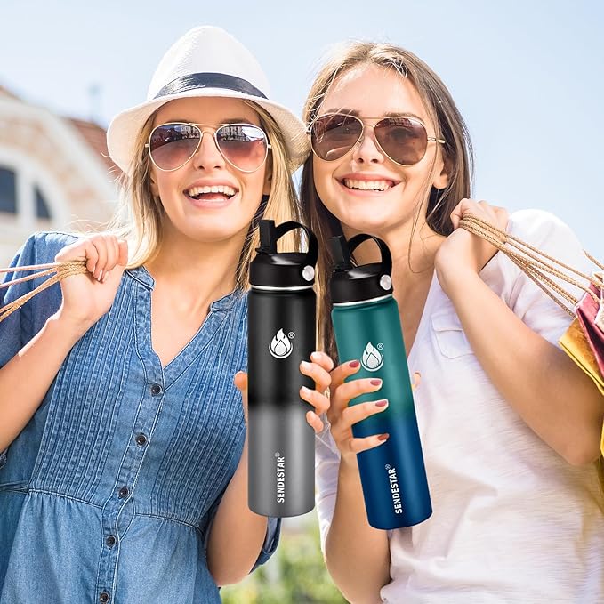 Insulated Water Bottle 40 oz with Straw, Stainless Steel Wide Mouth Water Bottle, Double Wall Vacuum Leak Proof with Straw Lid & Spout Lid for Sports or Office, Keep Cold or Hot Up to 24 Hrs