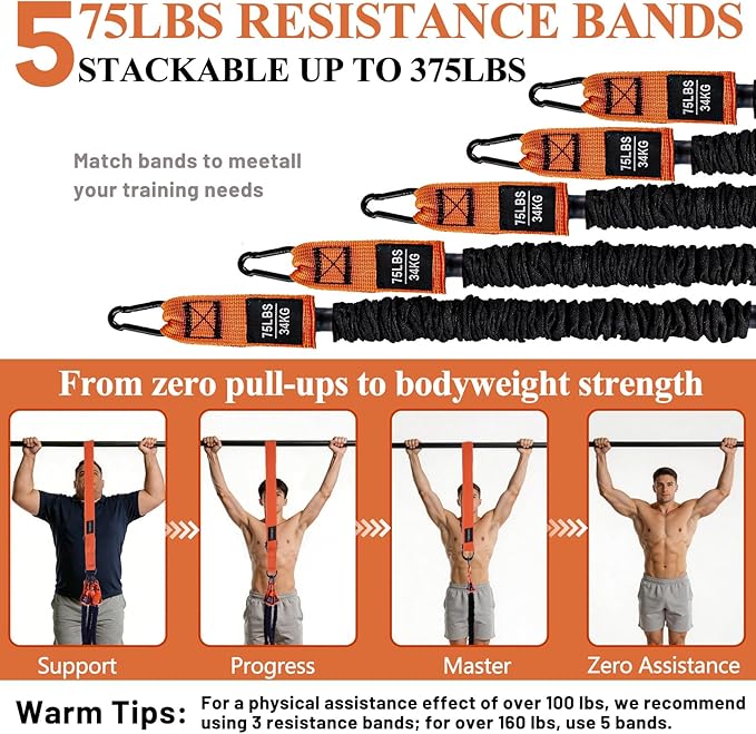 CHERAINTI Pull Up Assistance Bands, 375lbs Heavy Duty Pullup Assist Band Set with 5 Resistance Bands, Adjustable Strap, Comfortable Foot/Knee Rest, Handles & Door Anchor for Home Gym Strength Training