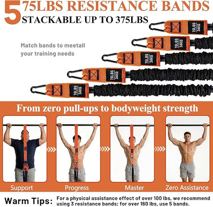 CHERAINTI Pull Up Assistance Bands, 375lbs Heavy Duty Pullup Assist Band Set with 5 Resistance Bands, Adjustable Strap, Comfortable Foot/Knee Rest, Handles & Door Anchor for Home Gym Strength Training