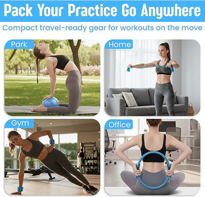 Pilates Kit 16- Pieces with Adjustable Resistance – Fitness Ring, Exercise Ball, Bands, Wrist Weights & Essential Pilates Equipment for Home Workouts - Versatile Fitness Accessories