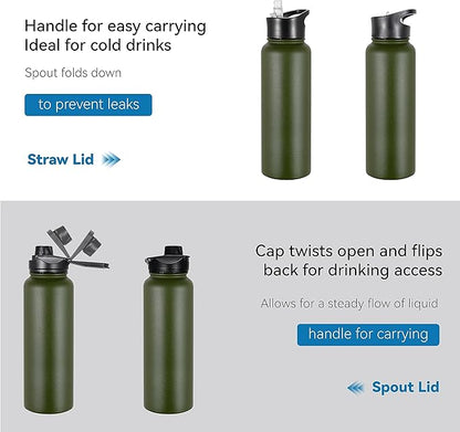 VEGOND 40 oz Insulated Water Bottle Stainless Steel Metal Water Bottles with Leak Proof Straw Lid & Spout Lid, Wide Mouth Double Walled Vacuum Travel Sports Bottle, Army Green