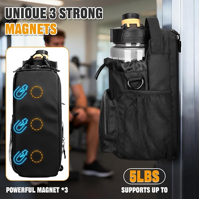 HUNTVP Magnetic Gym Bag Water Bottle Carrier Holder with Shoulder Strap & Phone Pockets, Magnetic Water Bottle Bag Pouch for Gym Fitness Essentials Accessories for Men and Women