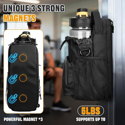 HUNTVP Magnetic Gym Bag Water Bottle Carrier Holder with Shoulder Strap & Phone Pockets, Magnetic Water Bottle Bag Pouch for Gym Fitness Essentials Accessories for Men and Women