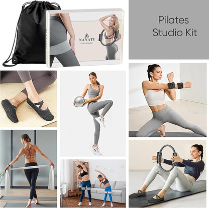 Pilates Kit, Pilates Essentials Kit for Women Home Workouts, Pilates Equipment with 14.5" Pilates Ring and Ball,7 Resistance Bands,Ankle Weights,Sliders & Grip Socks for Beginners