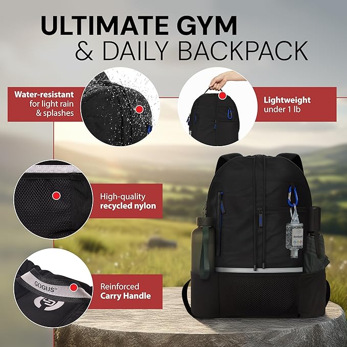GOGUS Hybrid Gym Backpack for Men & Women - 18L Sports Backpack with Dual Water Bottle Pockets, Mesh Compartment for Gym, Travel - Water Resistant & Reflective Trim Workout Bag