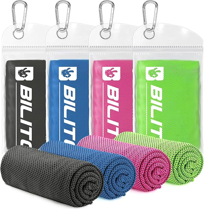 BILITOK Superfiber Ice Towel Neck, Soft Breathable Cold Towel Cooling, Yoga, Sports, Golf, Gym, Camping, Running, Fitness, Exercise and More Activities, 4 Packs (Dark Blue/Green/Rose red/Black)