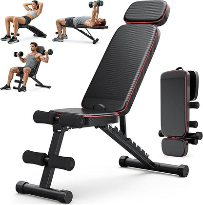 XDDIAS Workout Bench, 10 Backrests Adjustable Weight Bench with Extended Headrest, 800LBS Foldable Weight Bench for Home Gym, Incline Decline Flat Bench Compact for Small Space Training