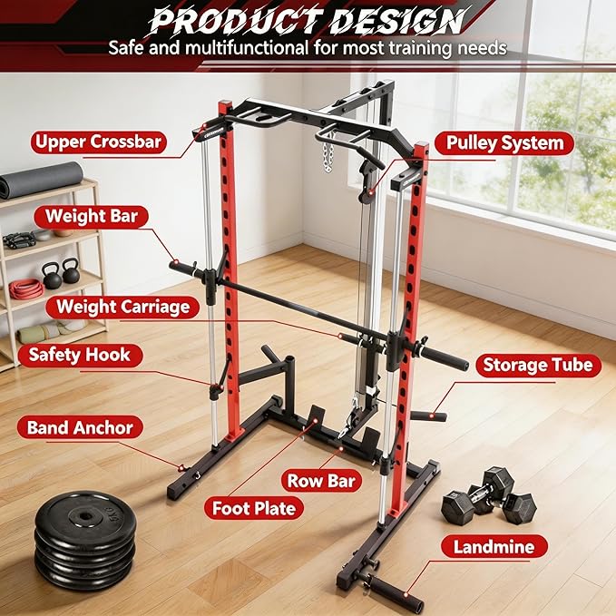 OPPSDECOR All in One Smith Machine, 1400LBS Multi-Functional Smith Machine Home Gym, Squat Rack with LAT-Pull Down System, Power Rack with Barbell Bar, Power Cage with Attachments Full Body Training