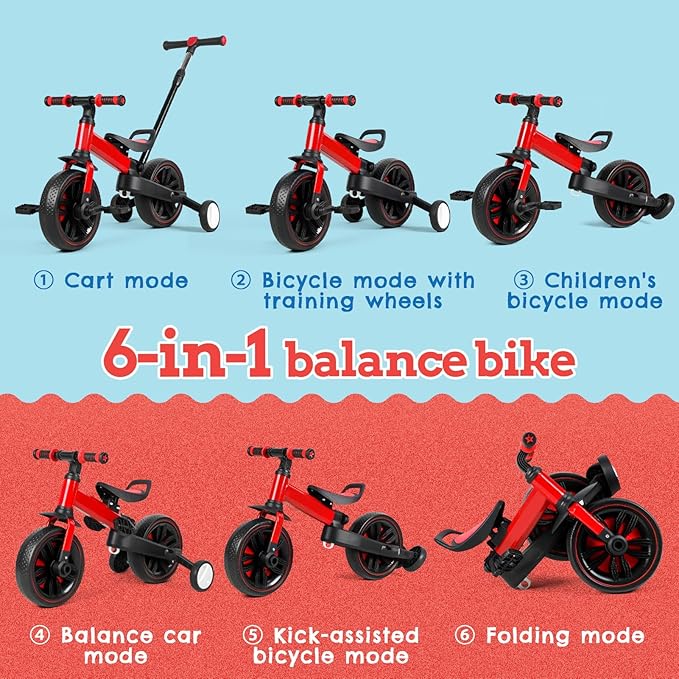 Toddler Bike, 6-in-1 Multi-Functional Kids Bicycle Convertible to Balance Bike, Trike with Training Wheels, Adjustable Saddle and All-Terrain Tires for Boys Girls Age 2-5 (Red)