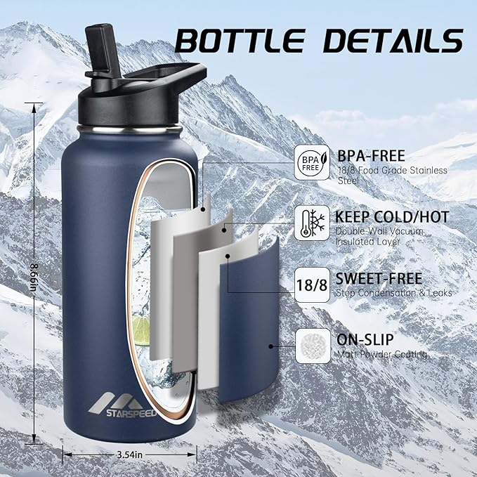 StarSpeed 32oz Insulated Water Bottle with Straw Lid, Stainless Steel Double Walled Vacuum Water Flask, Wide Mouth Sports Water Bottle for Gym Camping Hiking, Navy Blue