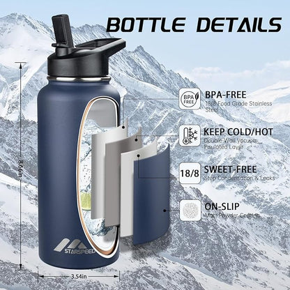 StarSpeed 32oz Insulated Water Bottle with Straw Lid, Stainless Steel Double Walled Vacuum Water Flask, Wide Mouth Sports Water Bottle for Gym Camping Hiking, Navy Blue