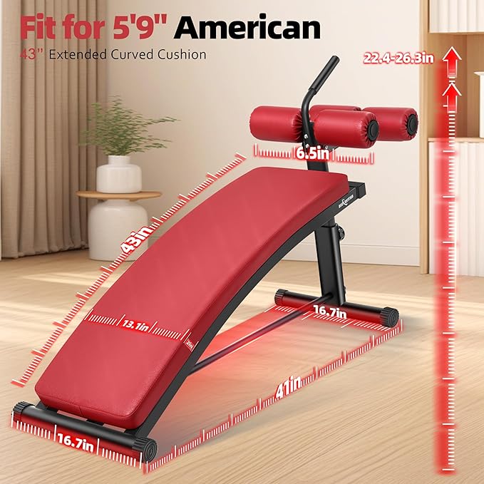 BODY RHYTHM Sit Up Bench with 4 Adjustable Heights and Reverse Crunch Handle, Curved Ab Workout Bench for Home Gym, Adjustable Weight Bench for Core Workouts and Decline Bench Press, Suitable for Individuals Up to 5.9ft Tall.