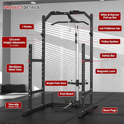 Power Cage, Multi-Function Power Rack with Pulley System Strength Training for Home Gym, Bench Press Squat LAT Pull-Down Pull-up Rowing, All in One Workout Cage