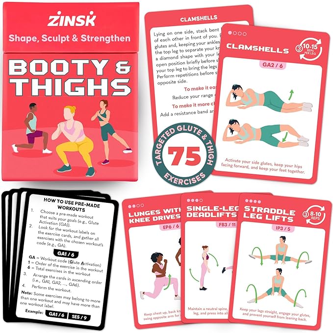 Zinsk 75 Booty & Thighs Exercise Cards - No Equipment Needed Glute Workouts to Shapen and Lift - Compact 3.5" x 2.5" Cards for Fun, Fast Home or Travel Leg and Butt Workouts for Women