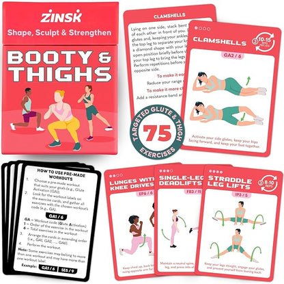 Zinsk 75 Booty & Thighs Exercise Cards - No Equipment Needed Glute Workouts to Shapen and Lift - Compact 3.5" x 2.5" Cards for Fun, Fast Home or Travel Leg and Butt Workouts for Women