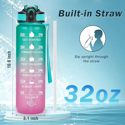 Motivational Water Bottle with Time Marker - 32oz, Leak-proof BPA Free Sports Water Bottles with Straw & Carrying Strap