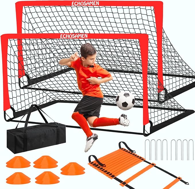 Kids Soccer Goals for Backyard, 2 of 6 x 4 ft Kids Soccer Goal Set Soccer Net with 10 Soccer Cones, Agility Ladder & Carry Bag, Portable Soccer Training Equipment.