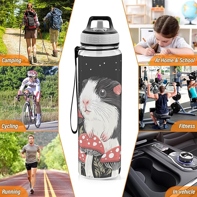 Fustylead Lovely Guinea Pig and Red Amanita Mushrooms Tritan Water Bottle with Straw and Lids, 32 oz Reusable BPA Free Sport Water Bottle for Gym Camping Hiking Travel