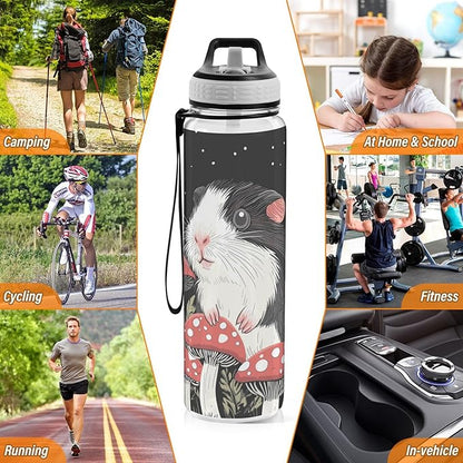 Fustylead Lovely Guinea Pig and Red Amanita Mushrooms Tritan Water Bottle with Straw and Lids, 32 oz Reusable BPA Free Sport Water Bottle for Gym Camping Hiking Travel