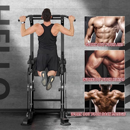 DlandHome Power Tower, Height Adjustable Pull Up Bar Dip Station with Assisted Pad, Multi-Function Home Gym Strength Training Fitness Equipment 330LBS, Black