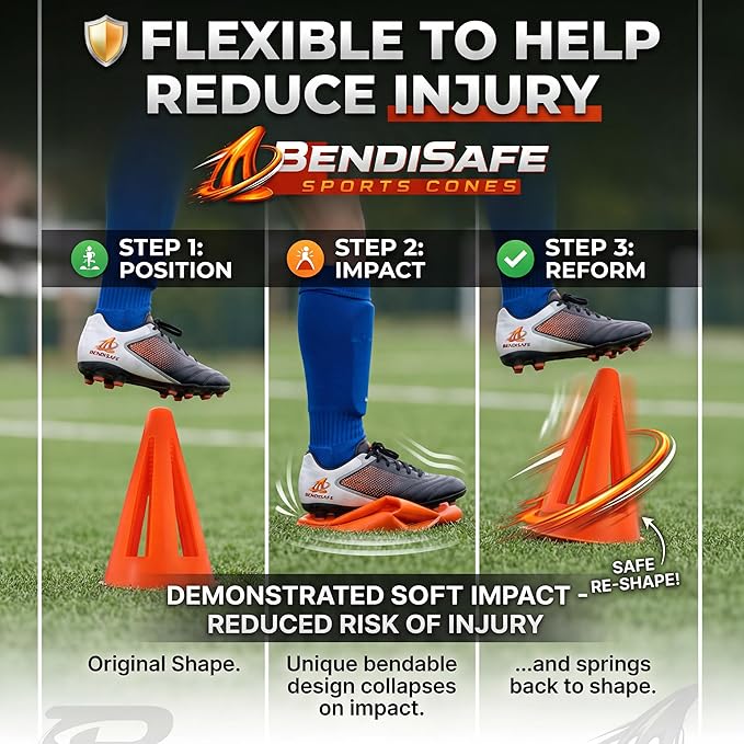 Soccer Training Cones Set of 12 - Flexible Agility Marker Cones for Soccer, Football & Basketball Drills- 9” Tall with 6” Base – High Visibility Orange Field Marker Cones - Made in USA - BendiSafe
