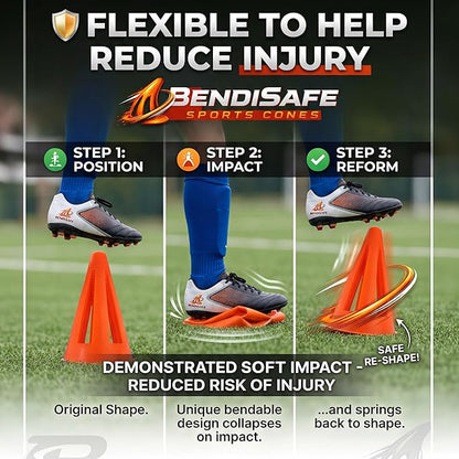 Soccer Training Cones Set of 12 - Flexible Agility Marker Cones for Soccer, Football & Basketball Drills- 9” Tall with 6” Base – High Visibility Orange Field Marker Cones - Made in USA - BendiSafe