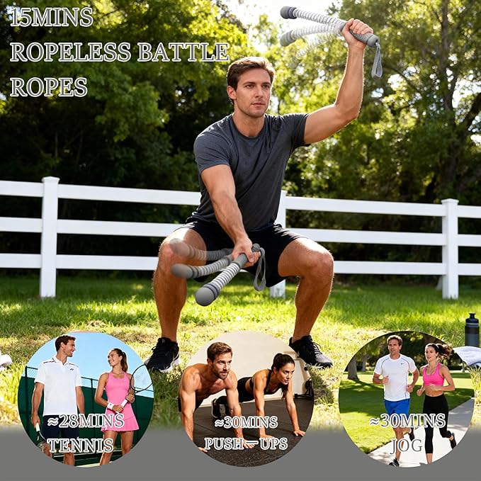 Ropeless Battle Ropes for Exercise Workout Rope, Portable Workout for Home Gym, Exercise Battle Ropes for HIIT Workouts, Low-Impact Cardio Training (Grey with Ring)