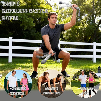Ropeless Battle Ropes for Exercise Workout Rope, Portable Workout for Home Gym, Exercise Battle Ropes for HIIT Workouts, Low-Impact Cardio Training (Grey with Ring)