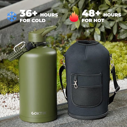 COKTIK 128oz Insulated Water Bottle - Stainless Steel Vacuum Metal, Portable 1 Gallon Large-Capacity Sports Bottle with Straw, Carry Bag and Handle Strap, Ideal for Gym & Hiking(Army Green)