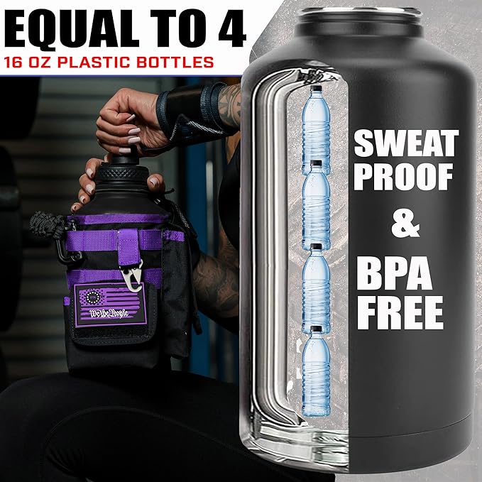 Iron Infidel Battle Bottle - Half Gallon Water Bottle Insulated, 64 oz Tactical Stainless Steel Water Jug with Handle - Gym Water Bottle with Rugged Sleeve for Storage (Twilight 2 Liter)