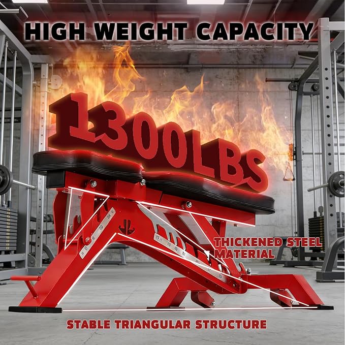 Adjustable Weight Bench 1300 lb Capacity, Foldable Workout Bench with 10 Backrest & 3 Seat Positions, Heavy Duty Home Gym Bench for Incline Decline Flat Dumbbell Training