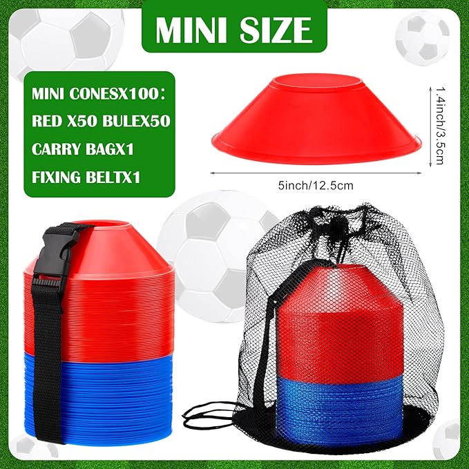 Hanaive 100 Pieces Mini Soccer Cones for Sport Drills 5 Inch Agility Disc Cones with Accessories for Kids Football Training
