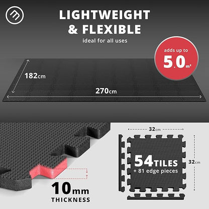 bemaxx Gym Mats Set - 54 pcs EVA Interlocking Foam Floor Tiles (12.6"x12.6"x0.4") 54sqft Protective Gym Flooring Sports Home Workout Exercise Mats Puzzle Garage Fitness Play-Room Pool Treadmill Bike