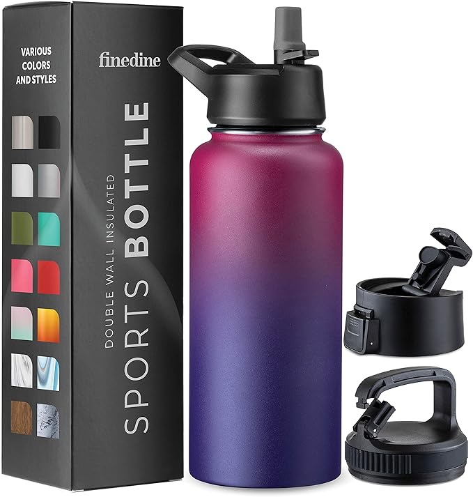 FineDine Water Bottle - Stainless Steel Insulated Water Bottle with Straw Lid, Flip Lid & Wide-Mouth Cap - Keeps Hot and Cold - 32 Oz / 946ml - Dreamy Purple