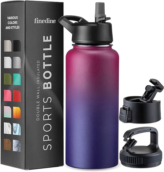 FineDine Water Bottle - Stainless Steel Insulated Water Bottle with Straw Lid, Flip Lid & Wide-Mouth Cap - Keeps Hot and Cold - 32 Oz / 946ml - Dreamy Purple