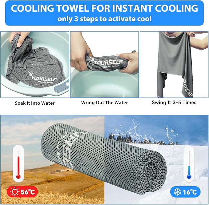 SYOURSELF Cooling Towel, Cooling Towels for Neck,40" x 12"Ice Towel for Instant Cooling Relief, Soft Breathable Chilly, Perfect Yoga, Golf, Sports, Gym, Workout, Athletes Towel (1PC-Grey)
