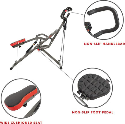 Sunny Health & Fitness Row-N-Ride PRO, Full Body Combo Squat Machine w/Optional Resistance Band, Easy Setup Ab Workout Exercise Equipment for Home, Whole Body Cardio, Optional SunnyFit App Connection
