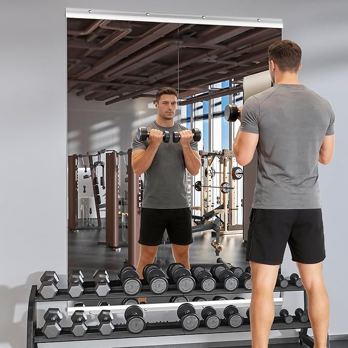 Home Gym Mirror, 55" x 21", 2PCS Large Full Body Mirror for Yoga, Silver Frameless Tempered Glass, Wall-Mounted Wall Mirrors for Home Gym, Workout, Garage, Bedroom, Bathroom, Dance Studio
