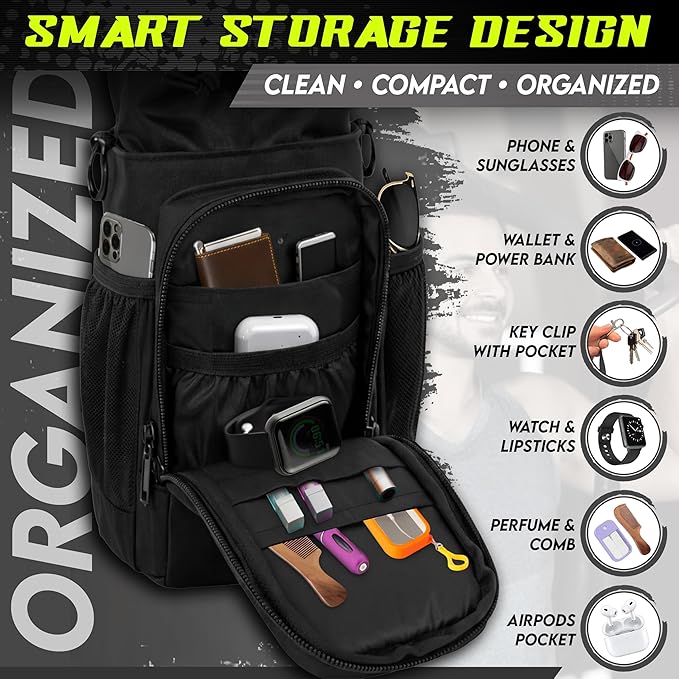 Magnetic Gym Bag & Magnetic Water Bottle Holder Set - 40oz Insulated Stainless Steel Bottle, Microfiber Towel, Cross Body Strap & Phone Holder Magnet - Gym Bag Essentials for Fitness, Work & Travel