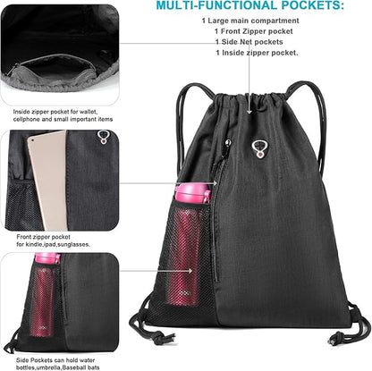 BeeGreen Mix Black Drawstring-Backpack-Gym-Bag, Large Sports Bag For Women W Water Bottle Pocket &Front Zippered Pocket, String Sackpack For Traveling Yoga Beach Outdoor