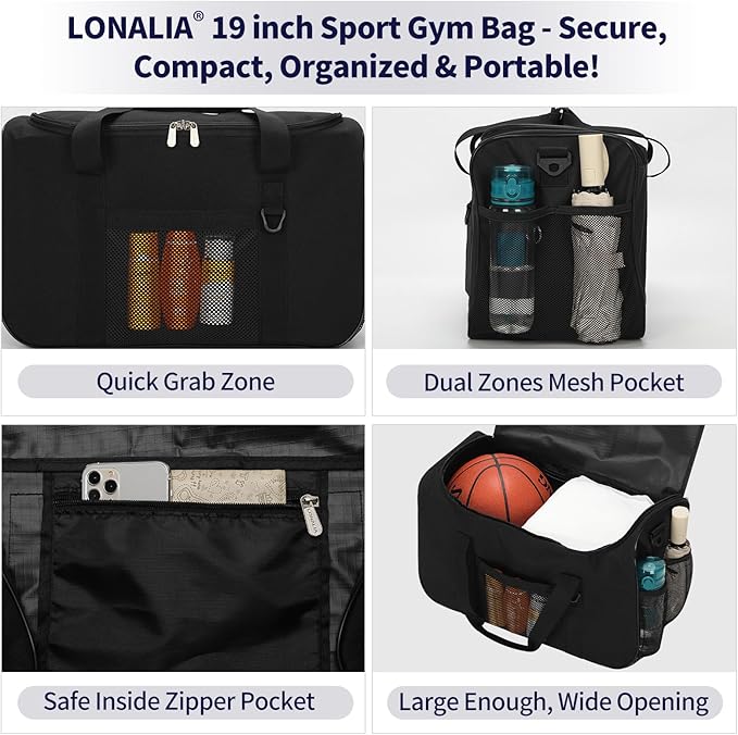 35L Sports Gym Duffle Bag - 19 inch Weekender Duffel for Workout, Basketball, Fitness, Training (Black)