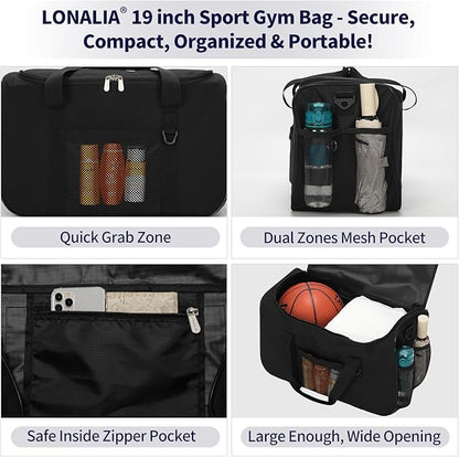 35L Sports Gym Duffle Bag - 19 inch Weekender Duffel for Workout, Basketball, Fitness, Training (Black)