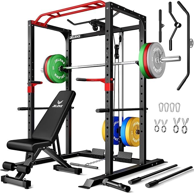 S11 Power Cage, 2000LB Multi-Function Power Rack with LAT Pulldown, Squat Rack with Adjustable Pulley System and Training Attachments, Weight Rack for Home Gym