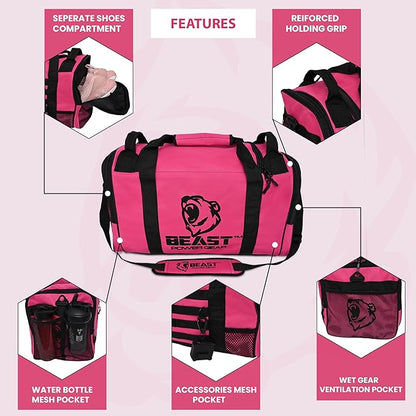 Beast Power Gear Gym Duffle Bag- Workout, Boxing, MMA, Sports Bag with Shoes Compartment and Adjustable Shoulder Strap for Men and Women (Pink/Black)