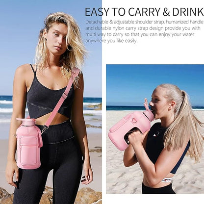 Fimibuke Half Gallon Water Bottle with Sleeve 64 OZ Water Bottle with Handle & Straw Leakproof Motivational Sports Gym Water Bottle with Time Marker BPA Free Water Jug with Reusable Neoprene Holder