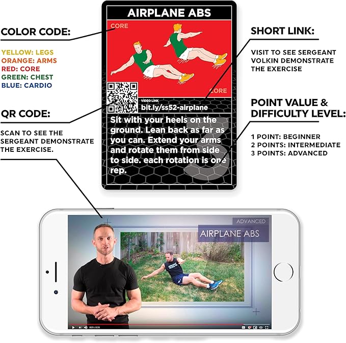 Stack 52 HIIT Interval Workout Game. Designed by Military Fitness Expert. Video Instructions Included. Bodyweight Exercises, No Equipment Needed. Fun and Motivating Training Program.