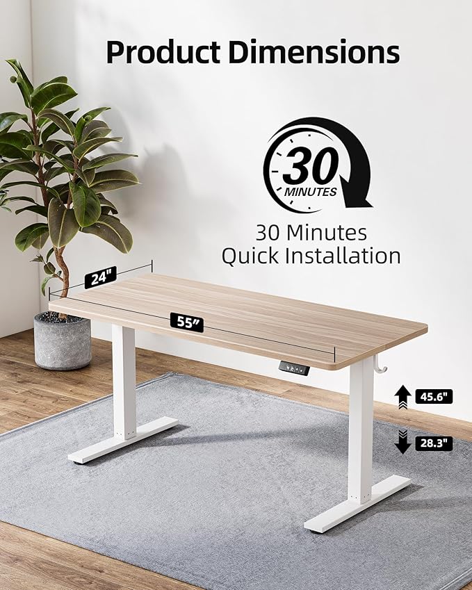 TIQLAB 55 * 24 Inches Electric Standing Desk, Adjustable Height Stand up Desk, Sit Stand Home Office Table with Splice Board, Light Walnut