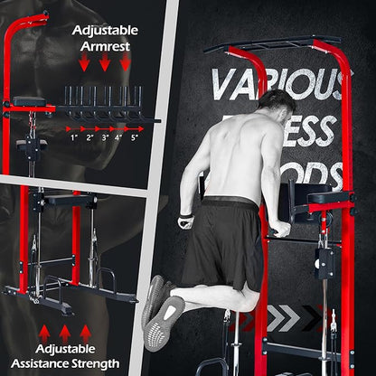 Dland Power Tower Dip Station Pull Up Bar Exercise Tower, Multifunctional Adjustable Height Training Equipment for Home Gym, Free Standing Assisted Fitness Workout Pullup Rack Station Machine